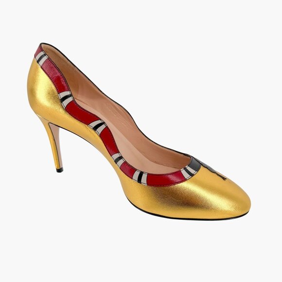 Gucci Yoko Snake Gold Metallic Leather Pumps High Heels Shoes Size 38.5 US 8.5 - Picture 13 of 16